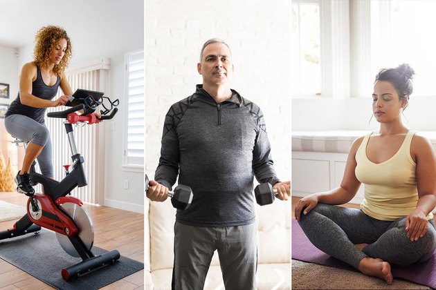 people doing different at-home workouts with bike, weights, and yoga mat