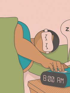 A cartoon of a man pressing snooze on his alarm