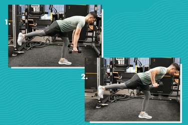 Proper form for alternating single-leg Romanian deadlift to row.