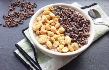 Overnight Banana-Chia Breakfast Pudding Bowl with Cacao Nibs and Nuts high fiber breakfast recipe.