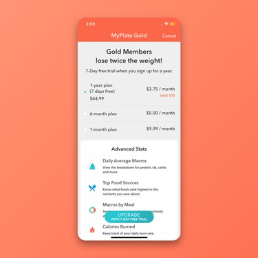 MyPlate calorie counter gold upgrade page