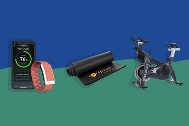 illustration of soulcycle bike, corepower yoga mat, and whoop fitness tracker