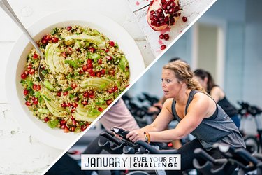 split image of healthy carb quinoa bowl and woman doing cardio workout on stationary bike
