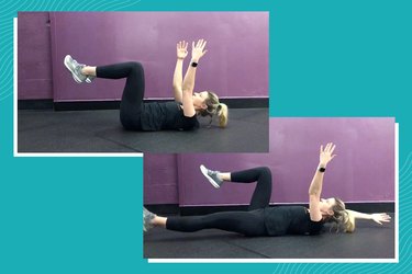 Person wearing black T-shirt and leggings demonstrating the dead bug exercise