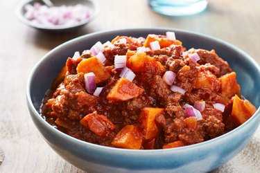 A Whole30 meal of sweet potato and ground beef chili