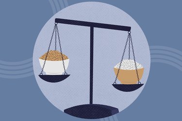 concept illustration of weighing health benefits of white rice and brown rice