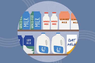 concept illustration of dairy and non-dairy milks on shelves