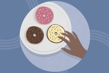 concept illustration of sugar cravings with hand reaching for donuts
