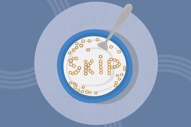 concept illustration of skipping breakfast with cereal spelling "skip" in bowl of milk