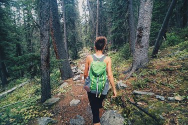person walking with a green backpack through the woods, tracking their walking heart rate