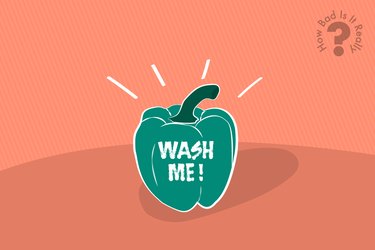 An illustration of a green pepper with the words "wash me" written on the side, to represent unwashed fruits and vegetables