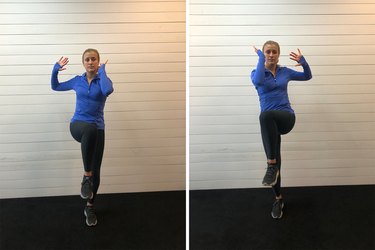 Woman demonstrating how to do a standing bicycle