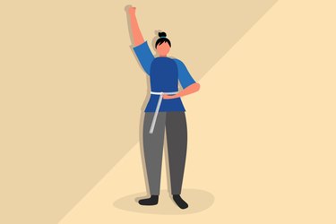 Illustration of a woman who went through a weight-loss transformation holding a measuring tape around her waist and celebrating
