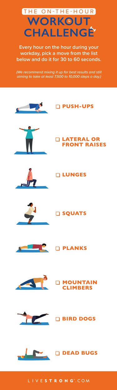 checklist graphic of 8 exercises for the on-the-hour workout challenge