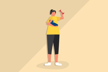 Illustration of postpartum weight-loss featuring a mom holding a baby and a dumbbell