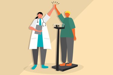 Illustration of weight-loss surgery success with a person and doctor high-fiving