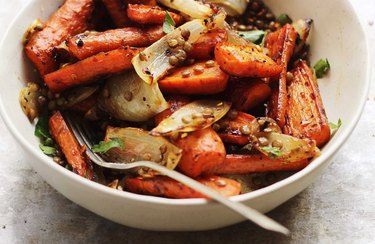 Sweet-and-Spicy Carrot and Lentil Salad in a white bowl