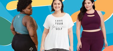 Plus-Size Women in workout clothes on a graphic background