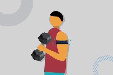 Graphic depicting a man working out, lifting weights while doing blood flow restriction training