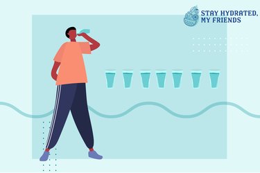 Custom graphic showing man drinking a glass of water with 7 more glasses beside him wondering how many pints of water should you drink a day