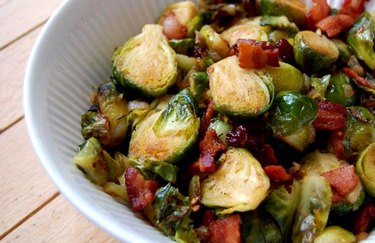 Roasted Brussels sprouts with bacon in a bowl