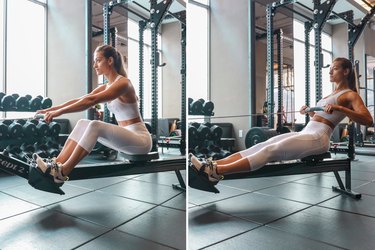 Woman using the rowing machine during a HIIT cardio workout