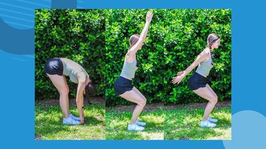 woman demonstrating chair yoga flow outside on grass in front of green bushes