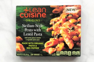 Lean Cuisine Origins Sicilian Pesto with Lentil Pasta is a frozen entree with plant protein mainly coming from organic lentil flour.