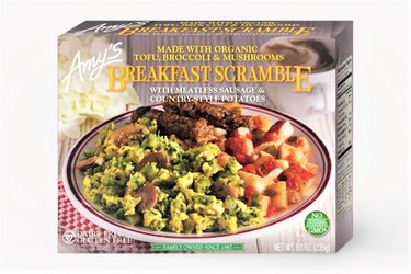 Amy’s Breakfast Scramble is a frozen vegan breakfast meal that gets much of its plant protein from organic tofu.