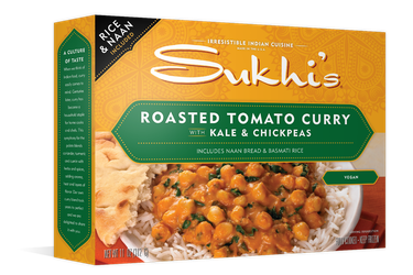 Sukhi’s Roasted Tomato Curry with Kale & Chickpeas is a frozen meal that gets its main source of protein from chickpeas.