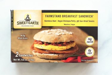 Sweet Earth Farmstand Breakfast Sandwich is a frozen vegan breakfast sandwich that gets its main sources of protein from organic soybeans, chickpea flour, and vital wheat gluten.