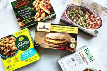 A selection of frozen entrees featuring plant-based protein.