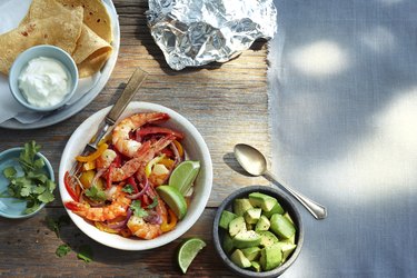 Overhead View of Corn Tortillas, Shrimp, Avocado and Sour Cream