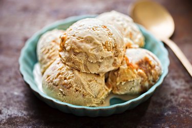 Salted caramel ice creams on blue plate high protein desserts