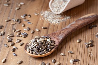 Milk thistle seeds on a wooden spoon