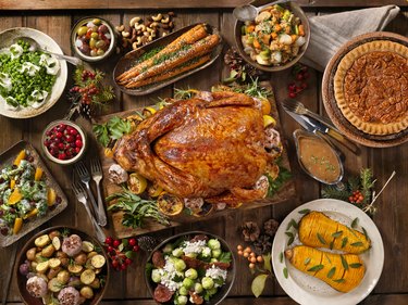 Top view of a table set with holiday food