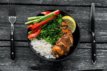 Teriyaki chicken with rice and salad