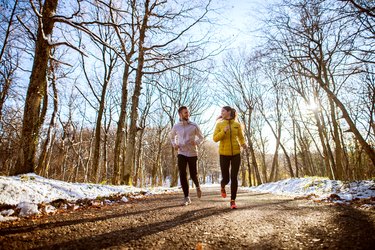 Young sporty happy couple jogging in sportswear through the forest in the sunny winter morning.