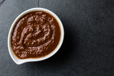 Traditional famous mexican sauce salsa chocolate chili mole poblano. Mole from Puebla, Mexico.