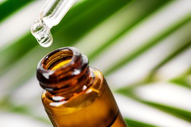 close view of a bottle of tea tree oil, as a natural remedy for dandruff