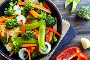 top view of a bowl of stir fried vegetables, as an example of a hangover cure