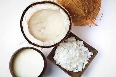 Coconut, coconut Cream Milk and Coconut flakes Studio Still Life