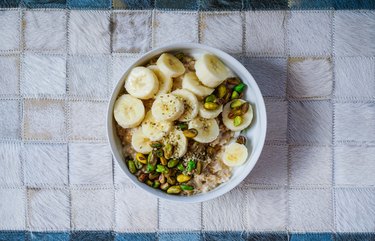 Breakfast: oatmeal with bananas, nuts, hemp seeds and hemp milk.