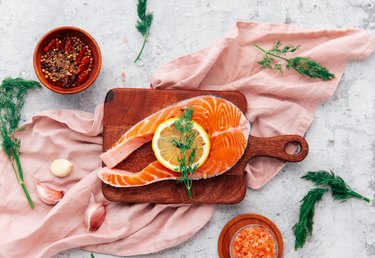 Salmon with lemon and pepper. Top view