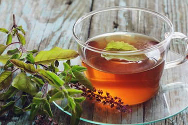 Tulsi Tea served in a cup with fresh leaves on the side, selective focus