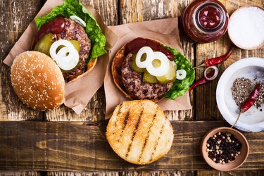 Homemade burgers with meat cutlet and pickles