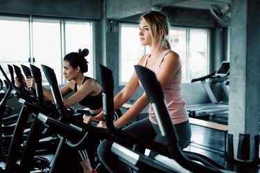 Women Group Doing Workout Cycling Exercise in Fitness Club, Portrait of Pretty Attractive Caucasian Woman Cycling Training in Gym, Beautiful Girl in Sportswear With Smiling While Workout