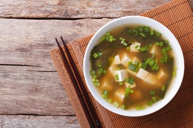 oxalate-rich miso soup in a white bowl horizontal top view