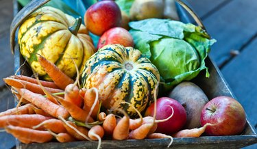 Organic Fall Vegetables and Fruit in Wooden Basket