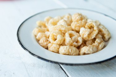 Pork rinds also known as chicharon or chicharrones, deep fried pork skin